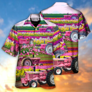 Tractor In Field Tulip Rural Landscape Majestically - Hawaiian Shirt - Owl Ohh - Owl Ohh