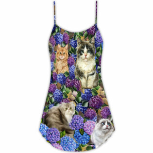 Cat Lovely And Purple Flowers - V-neck Sleeveless Cami Dress - Owl Ohh - Owl Ohh