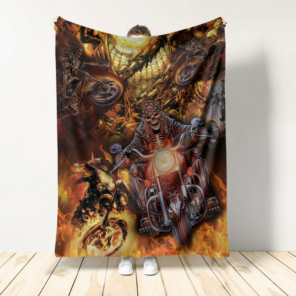 Skull Motorcycle Racing Fast Fire - Flannel Blanket - Owl Ohh - Owl Ohh