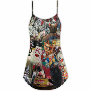 Cat Poker Beautiful Cats Play Poker - V-neck Sleeveless Cami Dress - Owl Ohh - Owl Ohh