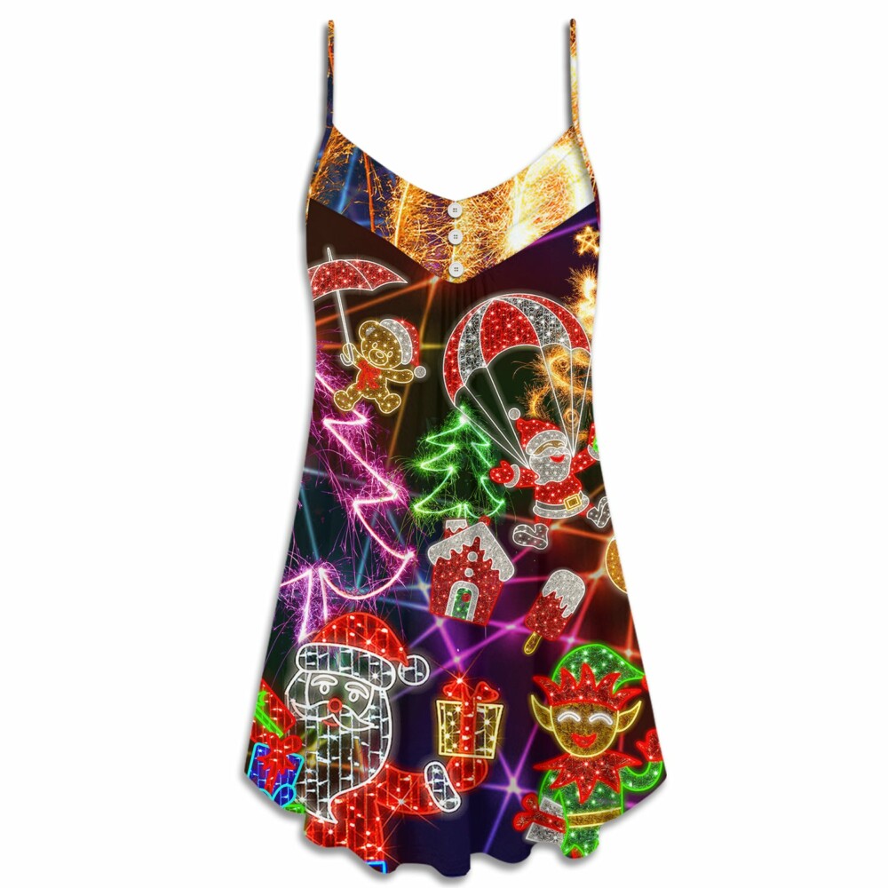 Christmas Funny Santa Claus Tree Elf Gingerbread Neon Light Style - V-neck Sleeveless Cami Dress - Owl Ohh - Owl Ohh