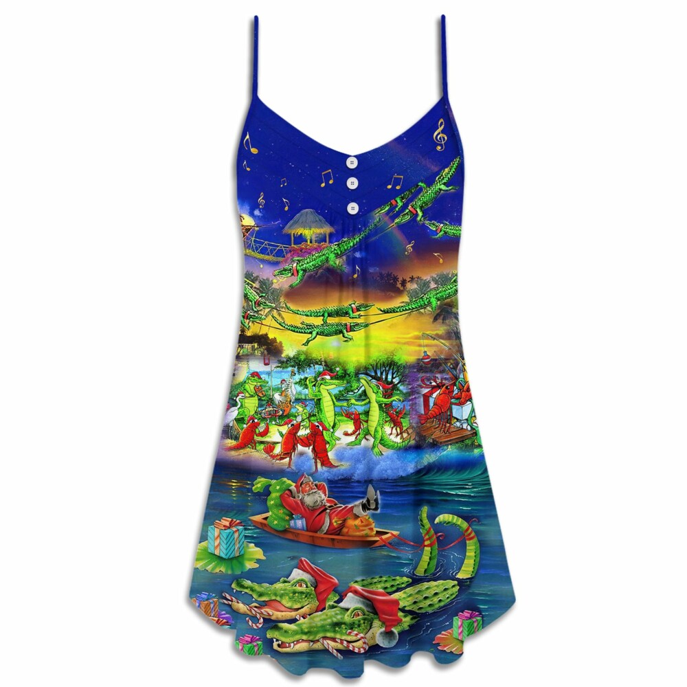 Christmas Santa Riding Alligator - V-neck Sleeveless Cami Dress - Owl Ohh - Owl Ohh