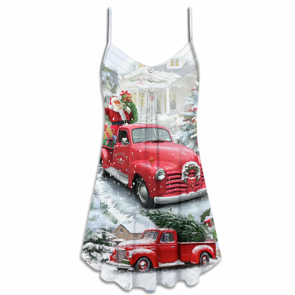Christmas Santa Claus Red Truck Xmas Is Coming Art Style - V-neck Sleeveless Cami Dress - Owl Ohh - Owl Ohh