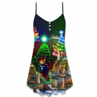 Lighthouse And Merry Christmas Happy - V-neck Sleeveless Cami Dress - Owl Ohh - Owl Ohh