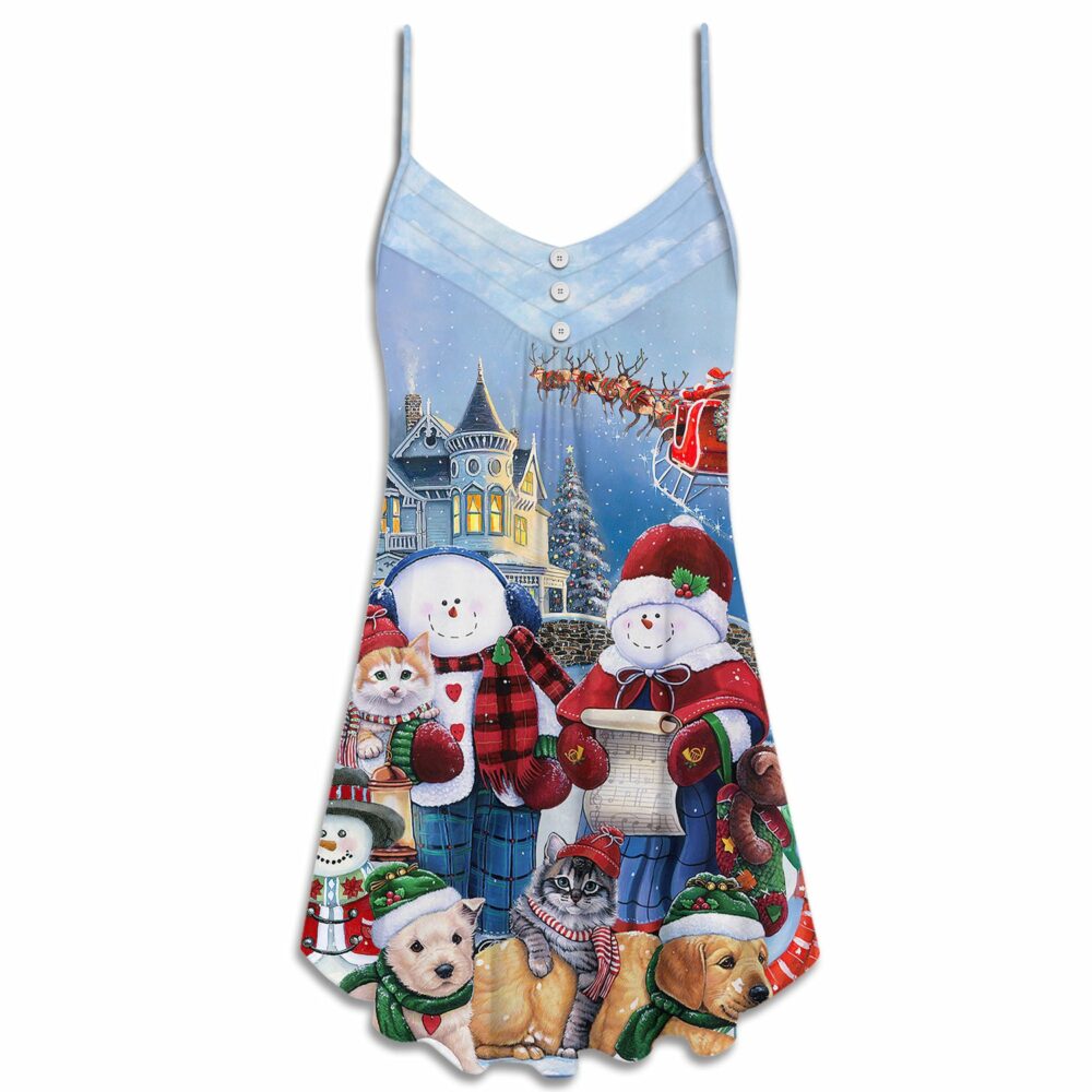 Christmas Family In Love Snowman So Happy Xmas Art Style - V-neck Sleeveless Cami Dress - Owl Ohh - Owl Ohh