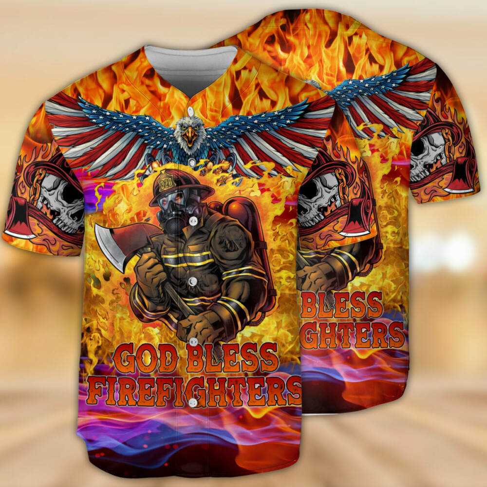 Firefighter God Bless Firefighter Skull - Baseball Jersey - Owl Ohh - Owl Ohh