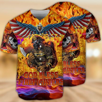 Firefighter God Bless Firefighter Skull - Baseball Jersey - Owl Ohh - Owl Ohh