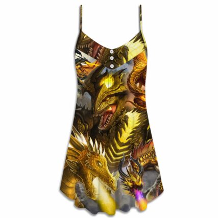 Dragon Gold Skull Lover Fight Art Style - V-neck Sleeveless Cami Dress - Owl Ohh - Owl Ohh