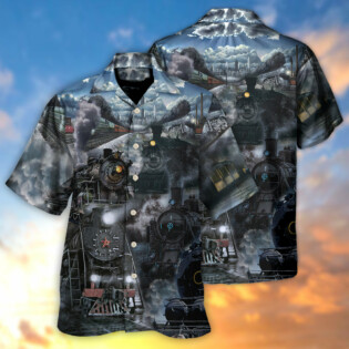 Train Emerging From A Cloud Of Steam In The Middle Night - Hawaiian Shirt - Owl Ohh - Owl Ohh