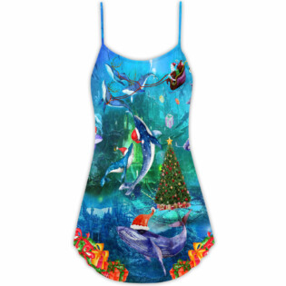 Christmas Whales Under The Sea - V-neck Sleeveless Cami Dress - Owl Ohh - Owl Ohh