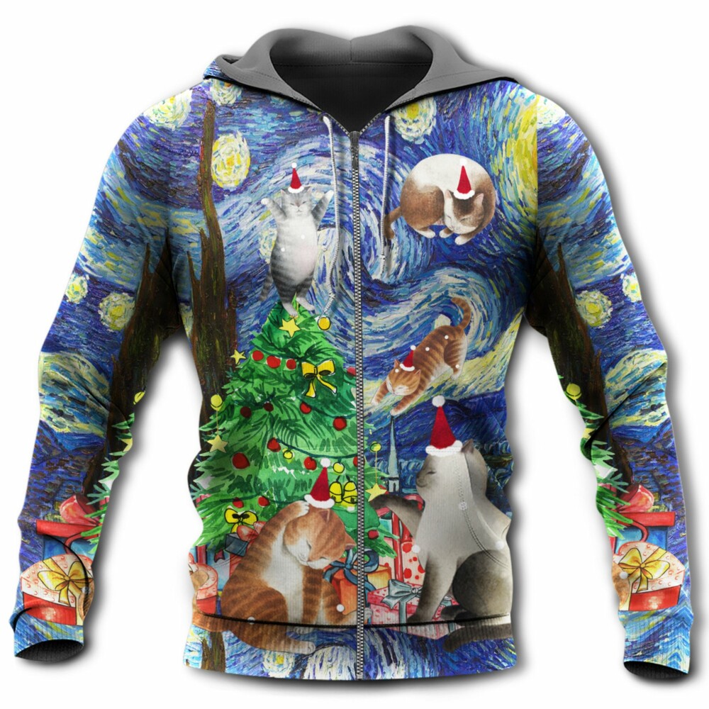 Christmas Cat Playing In Starry Night - Hoodie - Owl Ohh - Owl Ohh