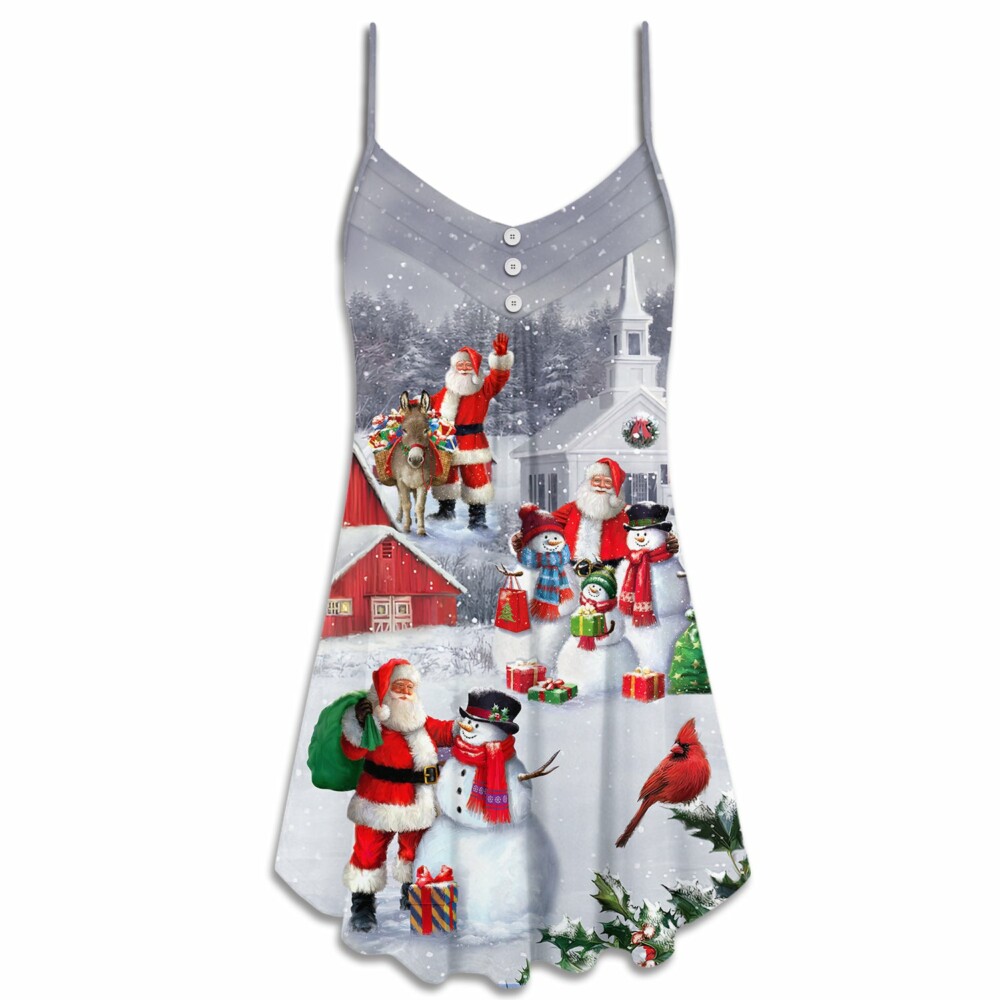 Christmas Santa Claus With Snowman Family In The Town Art Style - V-neck Sleeveless Cami Dress - Owl Ohh - Owl Ohh