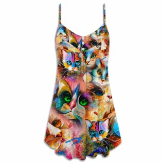 Cat Art Lover Cat Colorful Mixer Style - V-neck Sleeveless Cami Dress - Owl Ohh - Owl Ohh