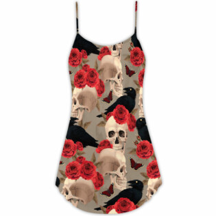 Skull With Rose Flower And Raven Gothic Style - V-neck Sleeveless Cami Dress - Owl Ohh - Owl Ohh