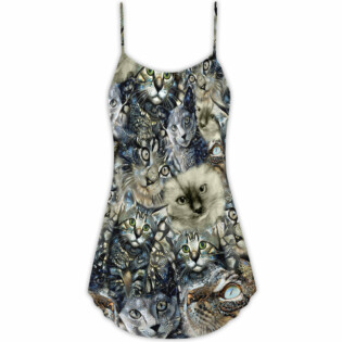 Cat Vintage Neutral Flower Cool - V-neck Sleeveless Cami Dress - Owl Ohh - Owl Ohh