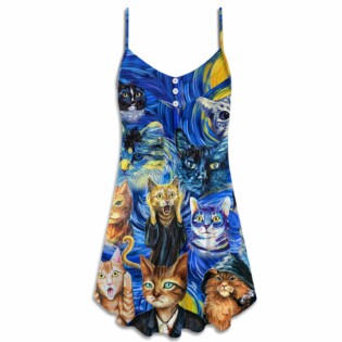 Cat Starry Night Funny Cat Painting Art Style - V-neck Sleeveless Cami Dress - Owl Ohh - Owl Ohh