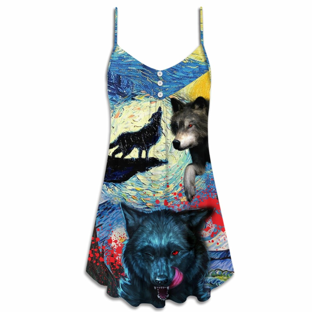 Halloween Black Wolf Crazy Starry Night Blood Art Style - V-neck Sleeveless Cami Dress - Owl Ohh - Owl Ohh