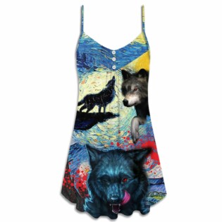Halloween Black Wolf Crazy Starry Night Blood Art Style - V-neck Sleeveless Cami Dress - Owl Ohh - Owl Ohh