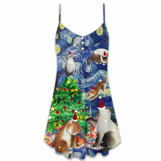 Christmas Cat Playing In Starry Night - V-neck Sleeveless Cami Dress - Owl Ohh - Owl Ohh