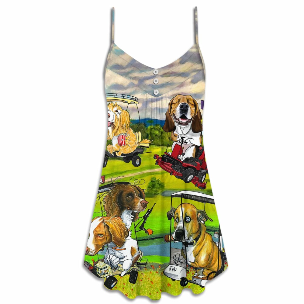 Golf Dog Driving Golf Cart Art Style - V-neck Sleeveless Cami Dress - Owl Ohh - Owl Ohh