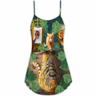 Cat And Tiger With Tropical Leaf - V-neck Sleeveless Cami Dress - Owl Ohh - Owl Ohh