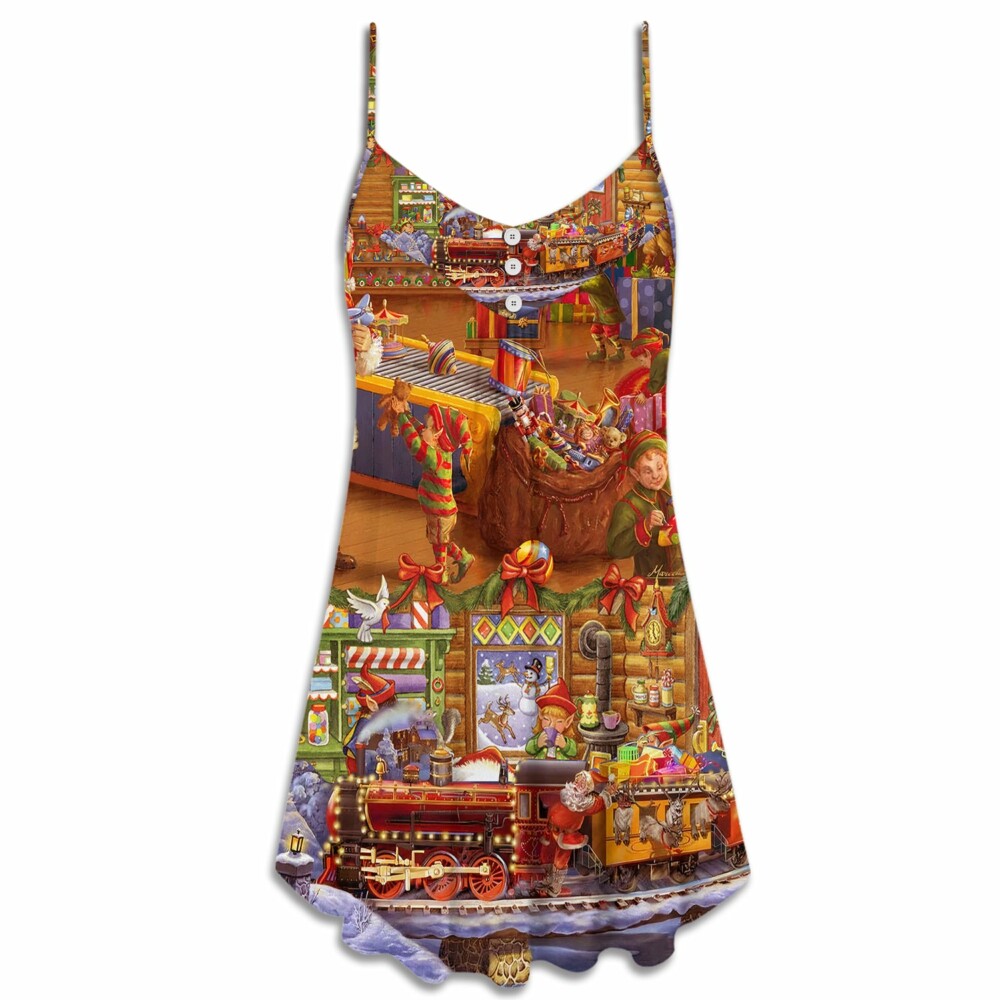 Christmas Santa And Happiness Train Art Style - V-neck Sleeveless Cami Dress - Owl Ohh - Owl Ohh