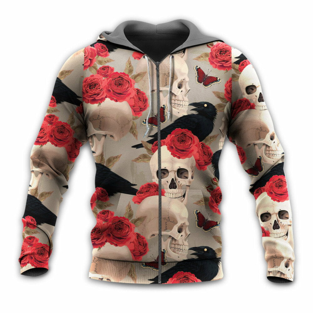 Skull With Rose Flower And Raven Gothic Style- Hoodie - Owl Ohh - Owl Ohh