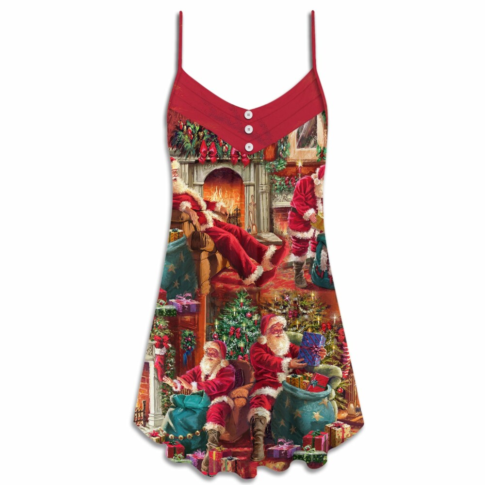 Christmas Santa Claus Story Chilling Happy Xmas Art Style - V-neck Sleeveless Cami Dress - Owl Ohh - Owl Ohh