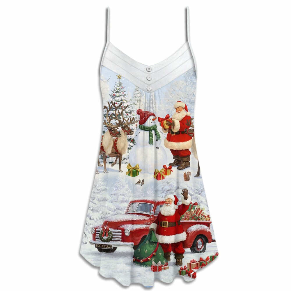 Christmas Santa Claus Gift For Xmas Snow Painting Style - V-neck Sleeveless Cami Dress - Owl Ohh - Owl Ohh