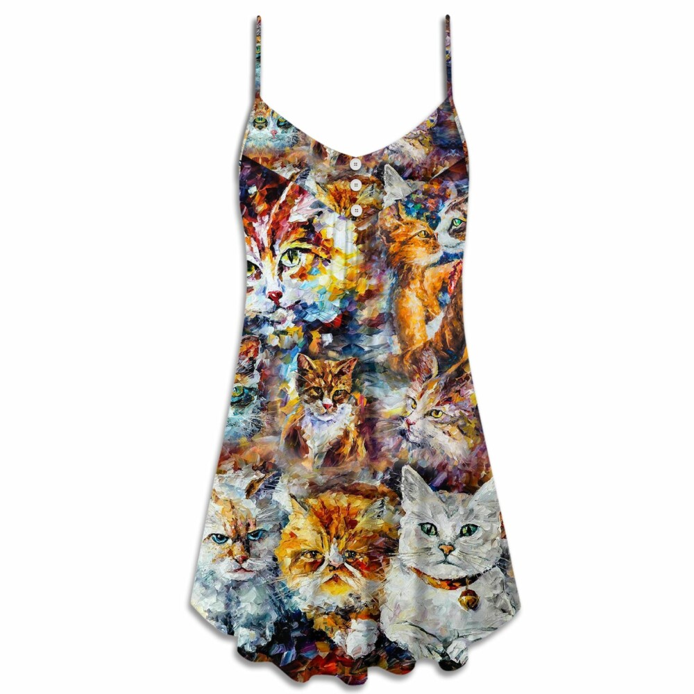 Cat Art Lover Cat Colorful Mixer - V-neck Sleeveless Cami Dress - Owl Ohh - Owl Ohh