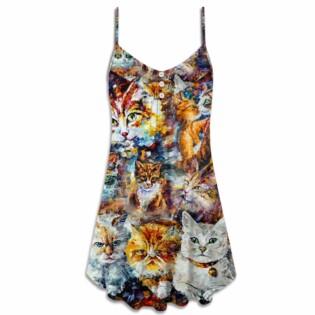 Cat Art Lover Cat Colorful Mixer - V-neck Sleeveless Cami Dress - Owl Ohh - Owl Ohh