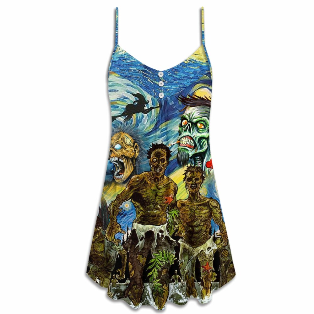 Halloween Zombie Crazy Starry Night Funny Boo Art Style - V-neck Sleeveless Cami Dress - Owl Ohh - Owl Ohh