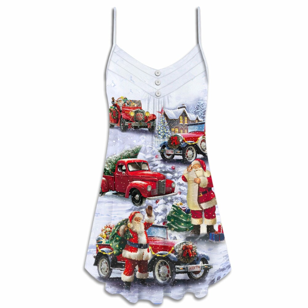 Christmas Santa Claus Funny Red Truck Gift For Xmas Painting Style - V-neck Sleeveless - Owl Ohh - Owl Ohh