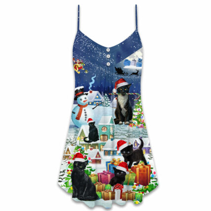 Black Cat Merry Catmas Christmas - V-neck Sleeveless Cami Dress - Owl Ohh - Owl Ohh