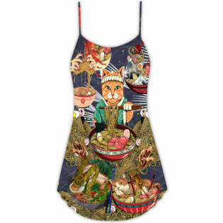 Cat Eating Ramen Lovely - V-neck Sleeveless Cami Dress - Owl Ohh - Owl Ohh