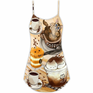 Cat Do You Wanna Drink Me Coffee - V-neck Sleeveless Cami Dress - Owl Ohh - Owl Ohh