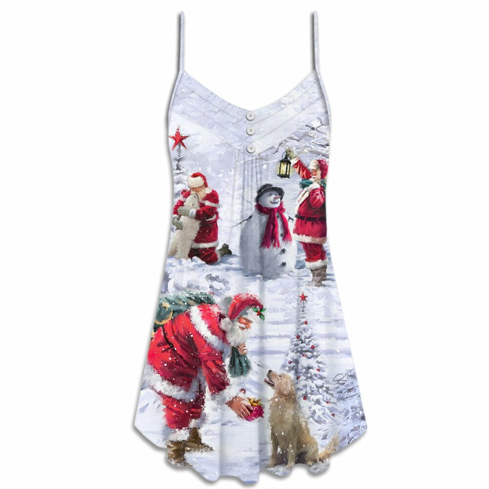 Christmas Santa Claus Chilling With Animal Snowman Happy Xmas Art Style - V-neck - Owl Ohh - Owl Ohh