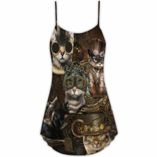 Cat Streampunk Vintage Style - V-neck Sleeveless Cami Dress - Owl Ohh - Owl Ohh