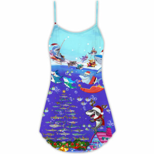 Christmas Santa Shark Sits On Rockets And Brings Gifts To Ocean - V-neck Sleeveless Cami Dress - Owl Ohh - Owl Ohh