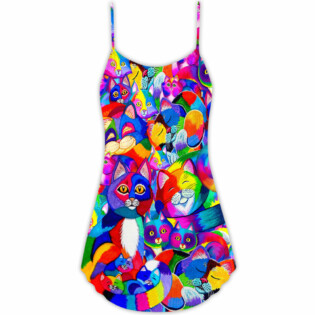 Cat Colorfull Rainbow Style - V-neck Sleeveless Cami Dress - Owl Ohh - Owl Ohh