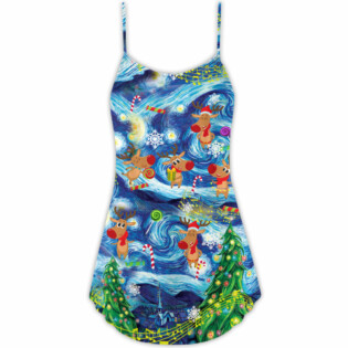 Christmas Dancing Reindeers Happy - V-neck Sleeveless Cami Dress - Owl Ohh - Owl Ohh