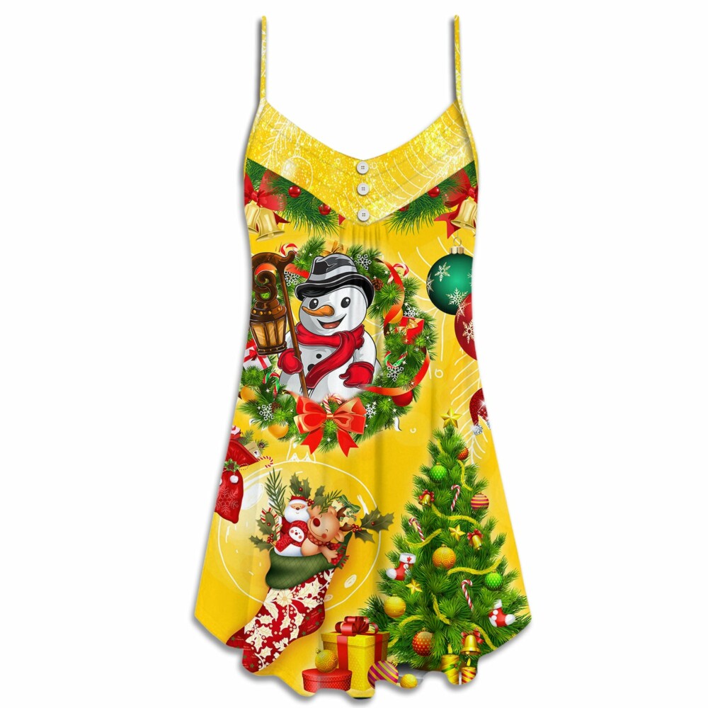 Christmas Funny Snowman Happy Christmas Tree Yellow Light - V-neck Sleeveless Cami Dress - Owl Ohh - Owl Ohh
