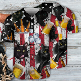 Beer And Black Cat American Flag Vintage - Baseball Jersey - Owl Ohh - Owl Ohh