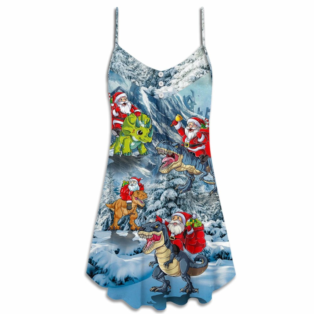 Christmas Santa Claus Riding Dinosaur Christmas Tree Gift Light Art Style - V-neck Sleeveless Cami Dress - Owl Ohh - Owl Ohh