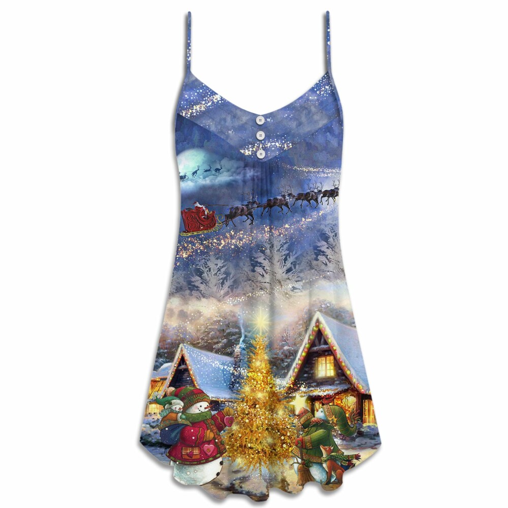 Christmas Santa Claus Reindeer Snowman Family In Love Gift Light Art Style - V-neck Sleeveless Cami Dress - Owl Ohh - Owl Ohh