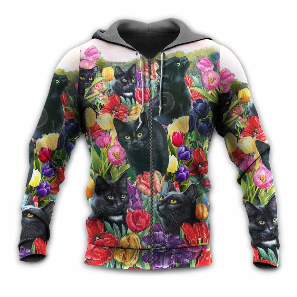 Black Cat Love Flowers Colorful - Hoodie - Owl Ohh - Owl Ohh
