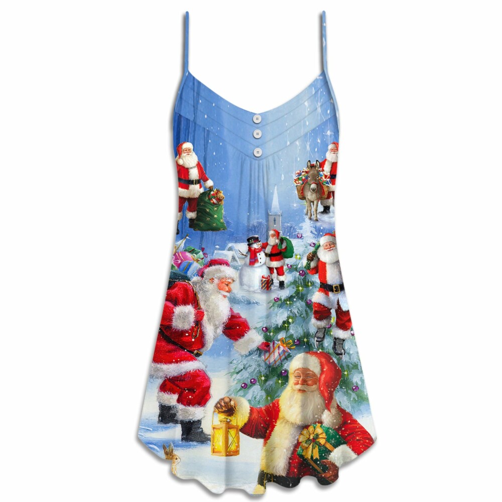 Christmas Santa Claus Is Coming Story Night Art Style - V-neck Sleeveless Cami Dress - Owl Ohh - Owl Ohh