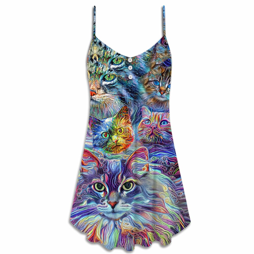 Cat Art Hippie Lover Cat Colorful - V-neck Sleeveless Cami Dress - Owl Ohh - Owl Ohh