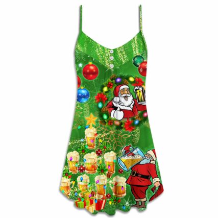Christmas Funny Santa Claus Drinking Beer Happy Christmas Tree Green Light - V-neck - Owl Ohh - Owl Ohh