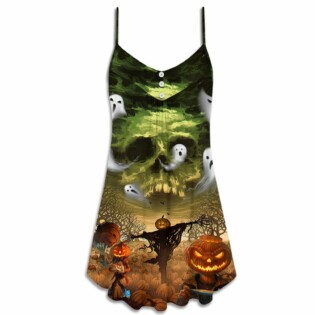 Halloween Pumpkin Crazy Ghost Style - V-neck Sleeveless Cami Dress - Owl Ohh - Owl Ohh
